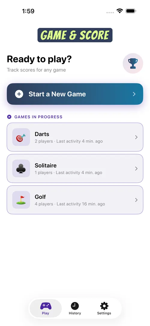Screenshot of the Game & Score app in action